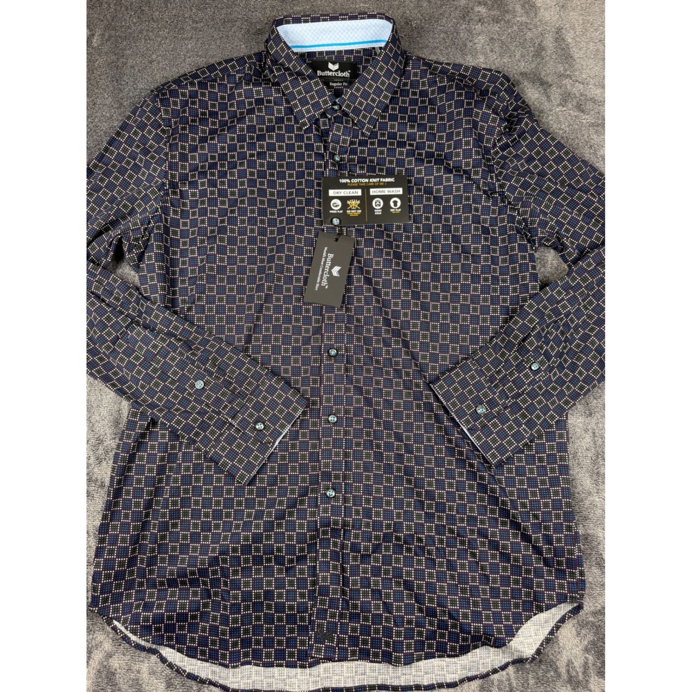 Buttercloth Mosaic Purple Geometric Knit Button Down‎ Shirt Mens XL Regular Fit